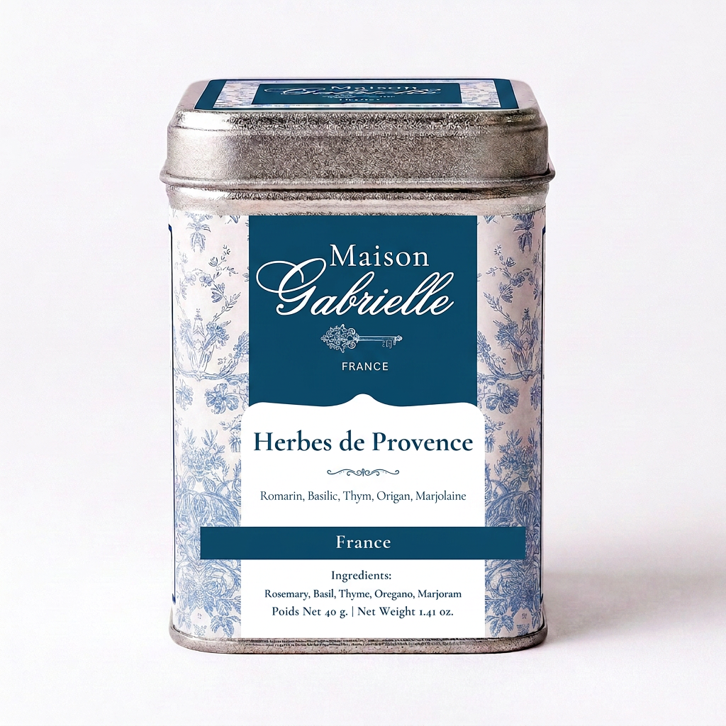 A metal tin of Maison Gabrielle Herbes de Provence spice blend, featuring a blue and white floral pattern label on a clean white background.