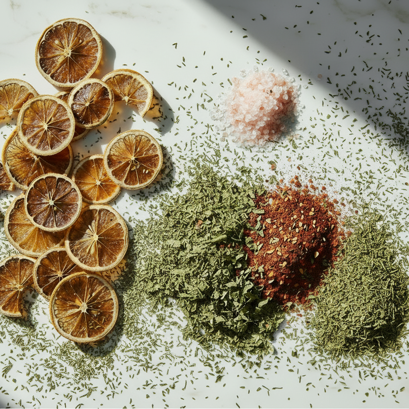 A styled flat-lay of dried citrus slices and piles of ground spices on a white marble surface with dramatic diagonal shadows. The spices include green herbs, a red chili powder pile, and a pink salt pile. MAISON GABRIELLE