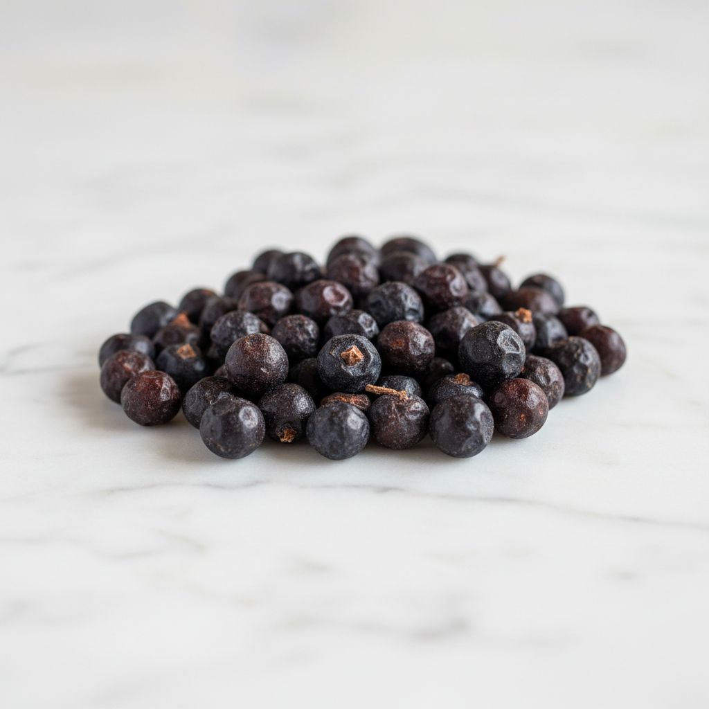 Macro Perspective Shot of Maison Gabrielle Whole Dried Juniper Berries on White Marble, Showcasing the Natural Matte Texture, Deep Purple Tones, and Authentic Botanical Detail