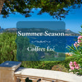 A scenic coastal landscape with blue sea, mountains, trees, and pink flowers, overlaid with a semi-transparent dark blue banner reading 'Summer Season' and 'Coffret Éte'.