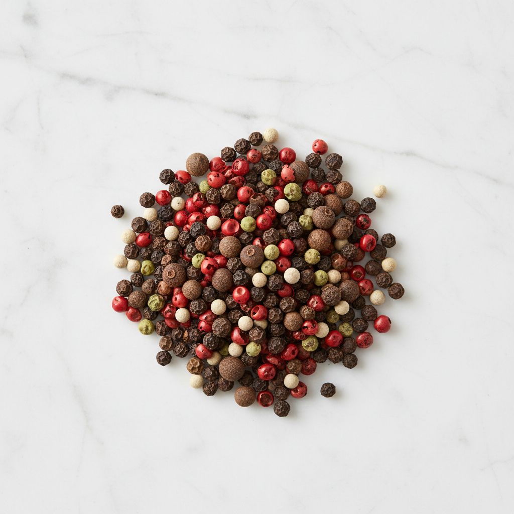 Maison Gabrielle 5 Peppercorn Blend with a Touch of Allspice Piled on a White Marble Surface for Gourmet Seasoning and Recipes