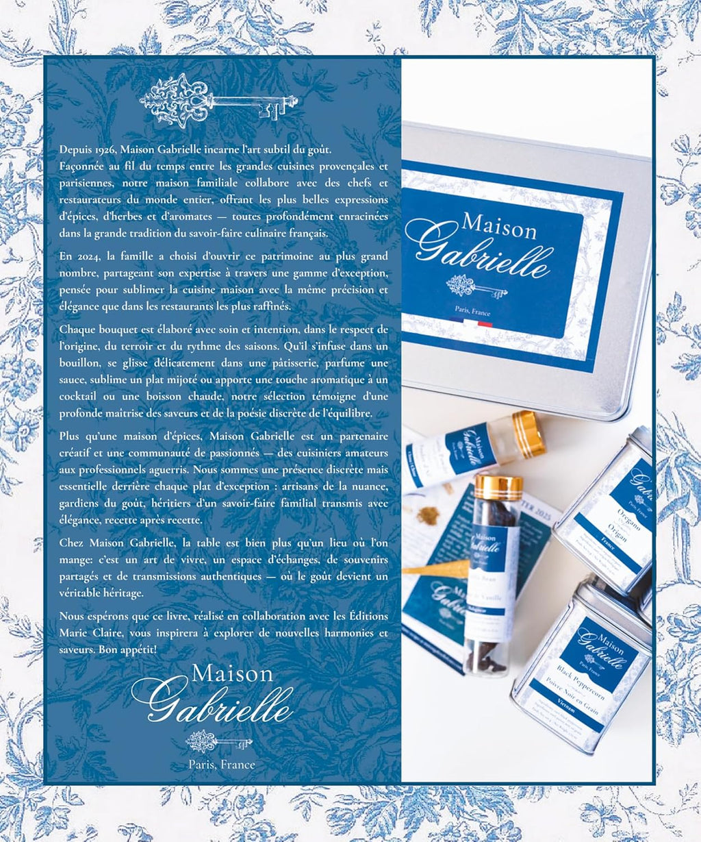 Maison Gabrielle Editorial Page Featuring the Brand's History and Savoir-Faire, Styled with Blue Toile de Jouy Borders, Signature Spice Tins, and Vanilla Beans to Showcase French Culinary Excellence