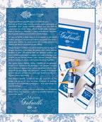 Maison Gabrielle Editorial Page Featuring the Brand's History and Savoir-Faire, Styled with Blue Toile de Jouy Borders, Signature Spice Tins, and Vanilla Beans to Showcase French Culinary Excellence