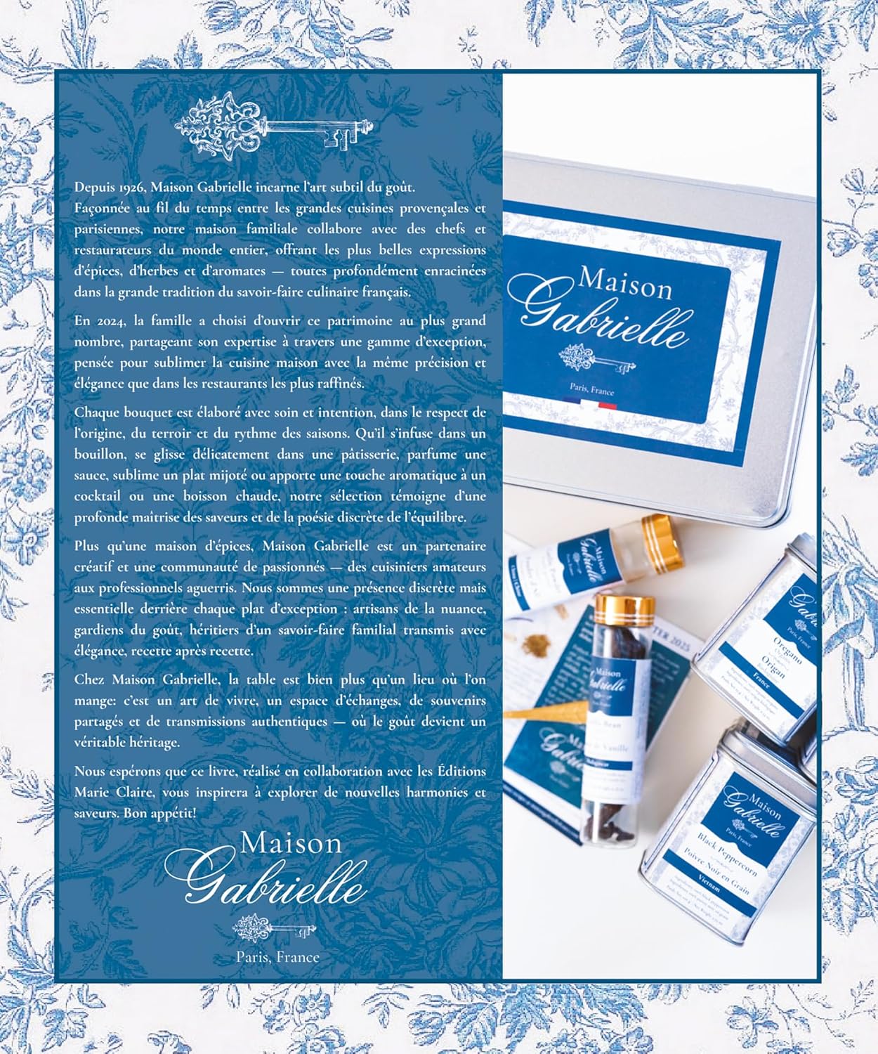 Maison Gabrielle Editorial Page Featuring the Brand's History and Savoir-Faire, Styled with Blue Toile de Jouy Borders, Signature Spice Tins, and Vanilla Beans to Showcase French Culinary Excellence