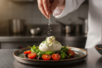 Professional Chef Sprinkling Maison Gabrielle Fleur de Sel over a Fresh Burrata Salad with Cherry Tomatoes and Arugula, Illustrating the Perfect Finishing Touch for Mediterranean Cuisine