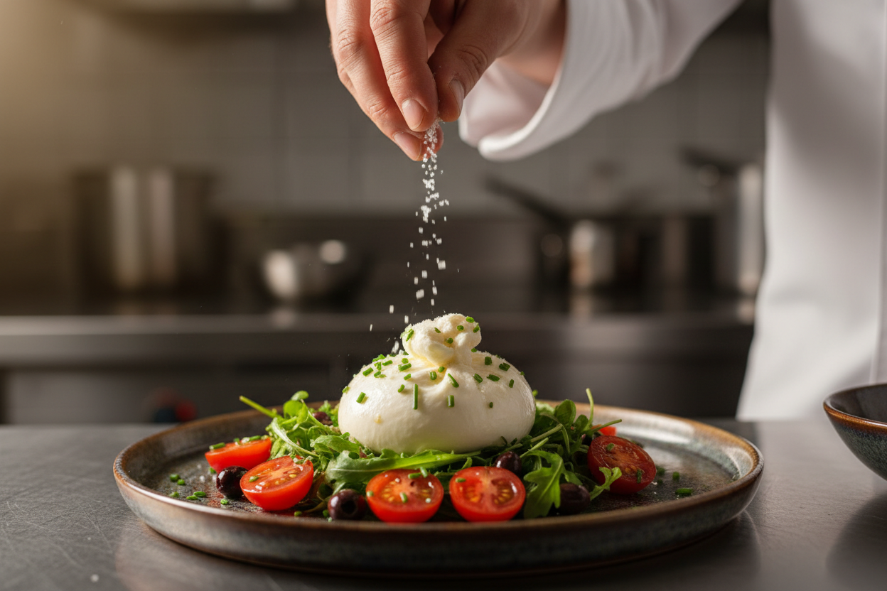 Professional Chef Sprinkling Maison Gabrielle Fleur de Sel over a Fresh Burrata Salad with Cherry Tomatoes and Arugula, Illustrating the Perfect Finishing Touch for Mediterranean Cuisine