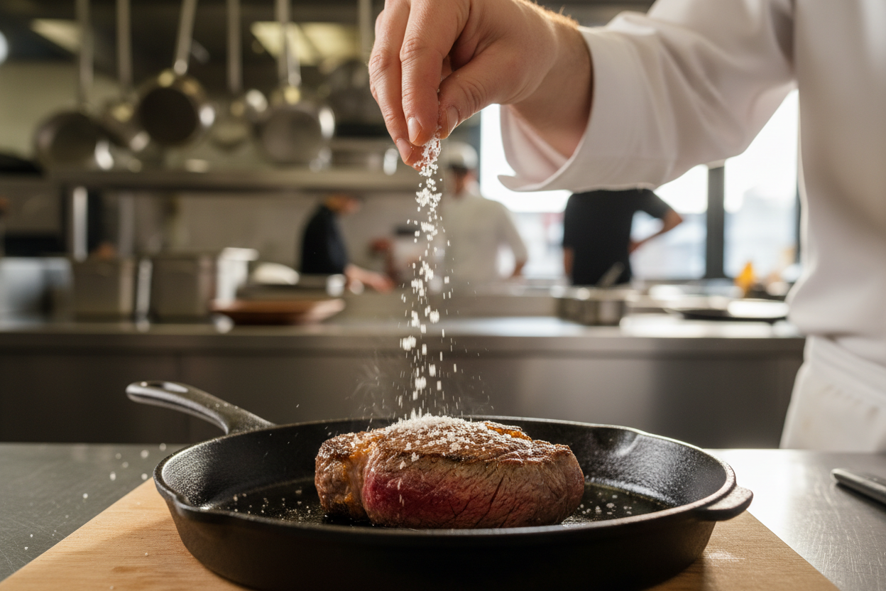 Professional Chef Seasoning a Searing Steak in a Cast Iron Skillet with Maison Gabrielle Fleur de Sel, Captured in a High-End Commercial Kitchen Setting