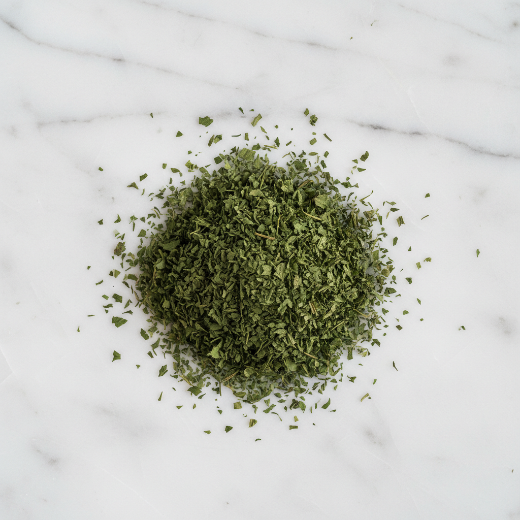 Maison Gabrielle Dried Parsley Flakes Piled on a White Marble Surface for Culinary Recipes and Seasoning