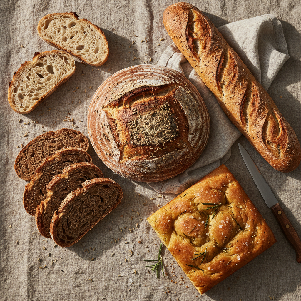 Flat-lay View of Rustic Artisanal Breads Infused with Maison Gabrielle Fennel Seeds, Featuring a Sourdough Boule, Baguette, and Focaccia on a Textured Linen Cloth with a Professional Bread Knife