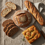 Flat-lay View of Rustic Artisanal Breads Infused with Maison Gabrielle Fennel Seeds, Featuring a Sourdough Boule, Baguette, and Focaccia on a Textured Linen Cloth with a Professional Bread Knife
