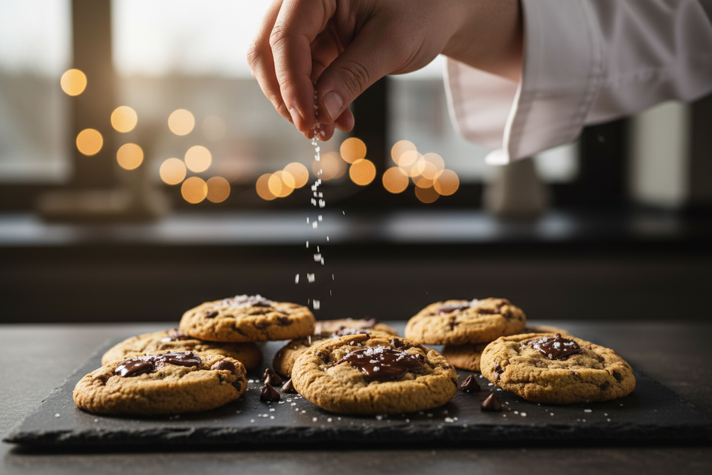 Professional pastry chef finishing gourmet dark chocolate chip cookies with a sprinkle of Maison Gabrielle Fleur de Sel, showcasing the delicate salt crystals against melted chocolate.