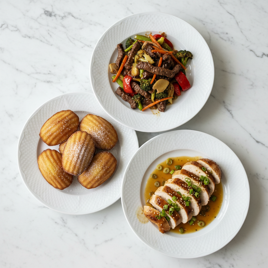 Top-Down View of Three Diverse Dishes Showcasing Maison Gabrielle Ginger: A Beef and Vegetable Stir-fry, Sliced Glazed Chicken Breast, and Golden Madeleine Pastries on White Marble