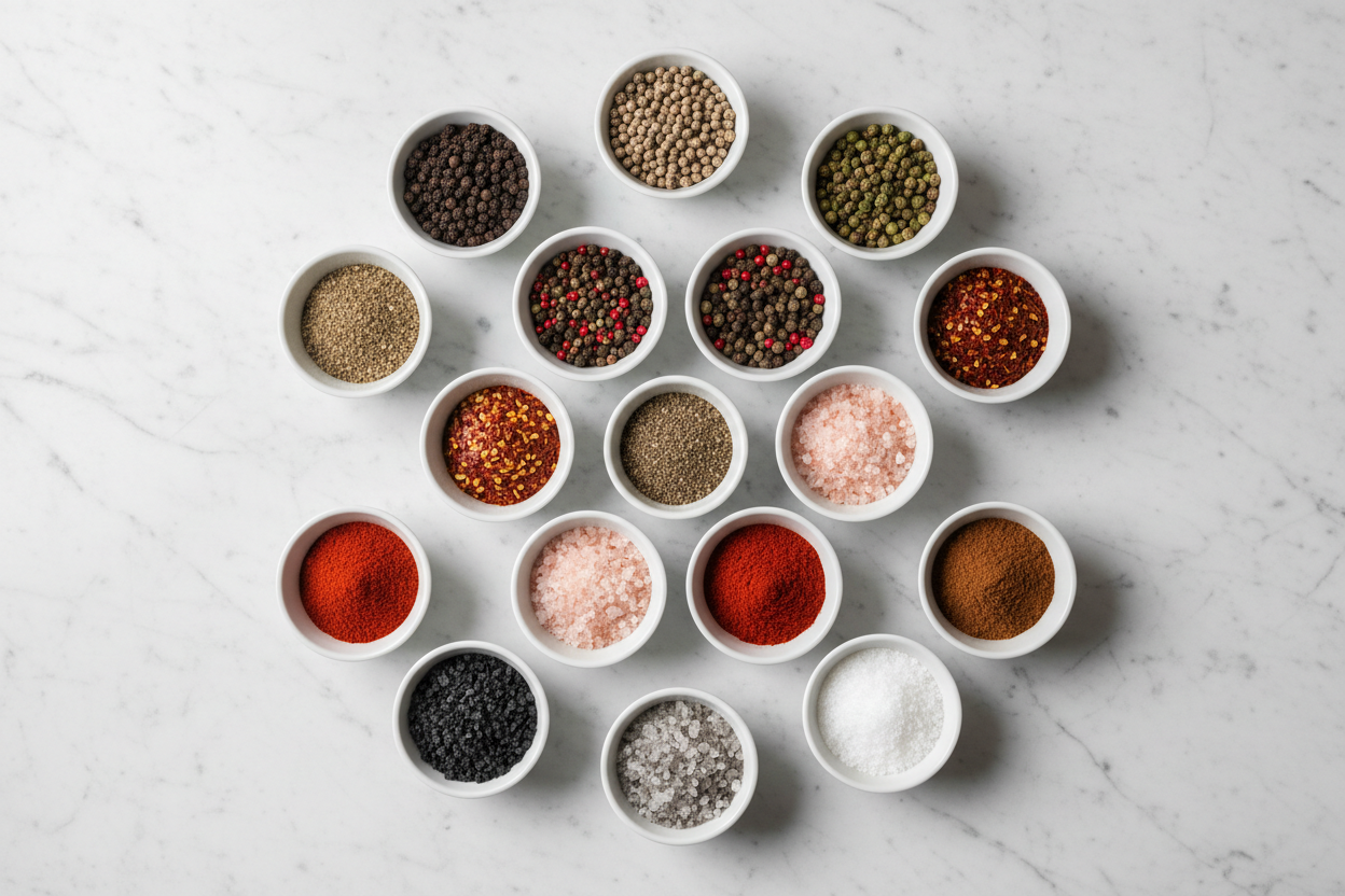 Maison Gabrielle Assorted Gourmet Salts and Peppers in White Ceramic Bowls Including Pink Himalayan Salt, Peppercorn Blends, and Chili Flakes on a Marble Background