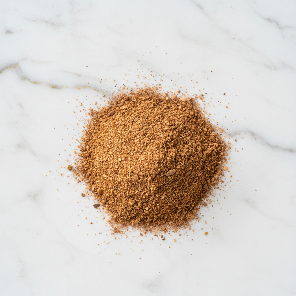 Maison Gabrielle Freshly Ground Nutmeg Spice Piled on a White Marble Surface for Baking and Culinary Recipes
