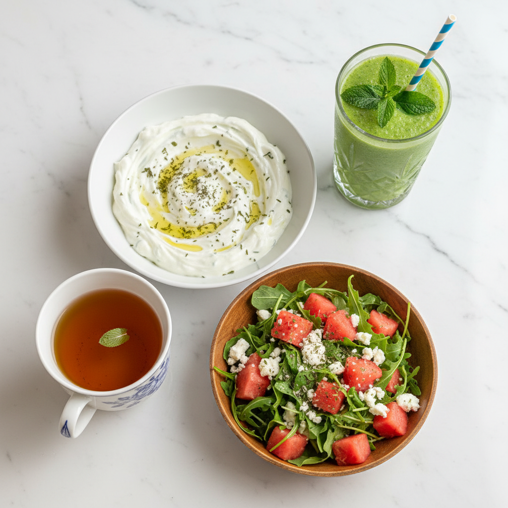 Maison Gabrielle Mediterranean Breakfast Spread Featuring Watermelon Feta Salad, Fresh Tzatziki with Olive Oil, Green Mint Smoothie, and Herbal Tea on a Marble Surface