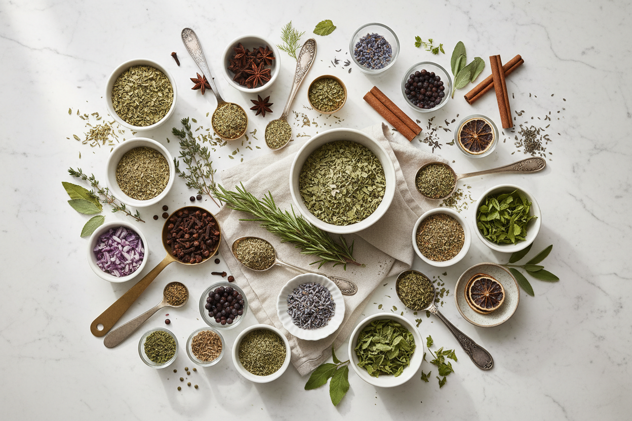 Maison Gabrielle Culinary Herbs and Aromatics Assortment Featuring Fresh Rosemary, Dried Lavender, Cinnamon Sticks, and Various Spices Arranged in Ceramic Bowls on White Marble