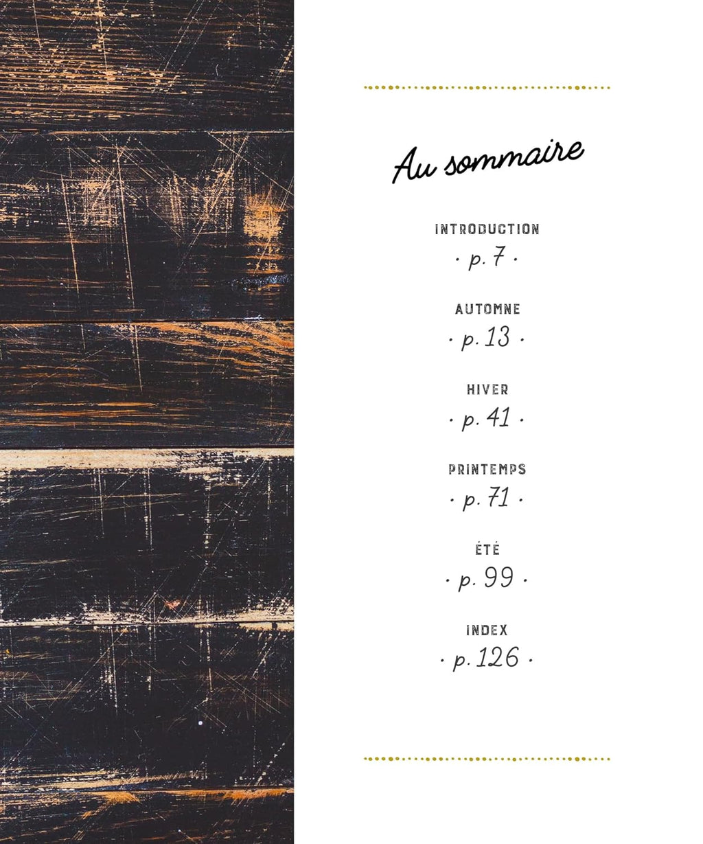 Table of Contents from the Maison Gabrielle and Éditions Marie Claire Cookbook, featuring seasonal chapters for Autumn, Winter, Spring, and Summer, styled with a rustic dark wood and elegant minimalist design
