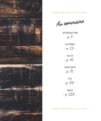 Table of Contents from the Maison Gabrielle and Éditions Marie Claire Cookbook, featuring seasonal chapters for Autumn, Winter, Spring, and Summer, styled with a rustic dark wood and elegant minimalist design