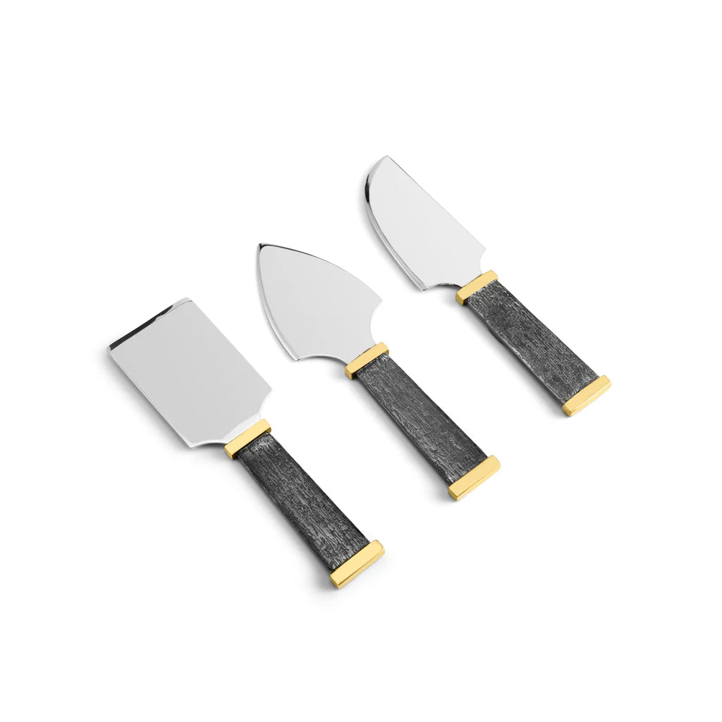 Maison Gabrielle Michael Aram Anemone Cheese Knife Set of 3 showing Angled Profile with Textured Black Handles and Gold Accents Luxury Cutlery