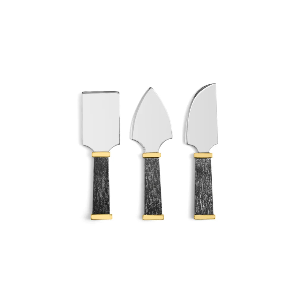 Maison Gabrielle Michael Aram Anemone Cheese Knife Set of 3 with Textured Black Handles and Gold Accents Luxury Flatware