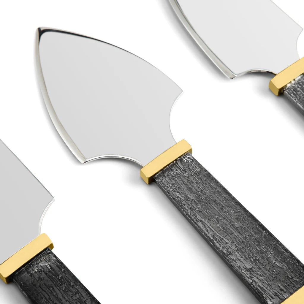Maison Gabrielle Michael Aram Anemone Cheese Knife Set Closeup showing Textured Black Handles and Gold Accents Detail
