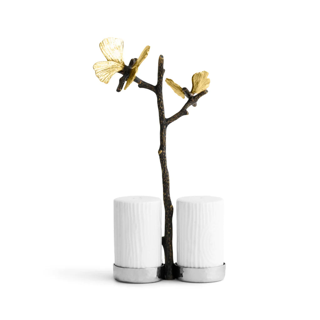 Maison Gabrielle Michael Aram Butterfly Ginkgo Salt and Pepper Shakers with White Porcelain and Decorative Gold Leaf Branch Detail