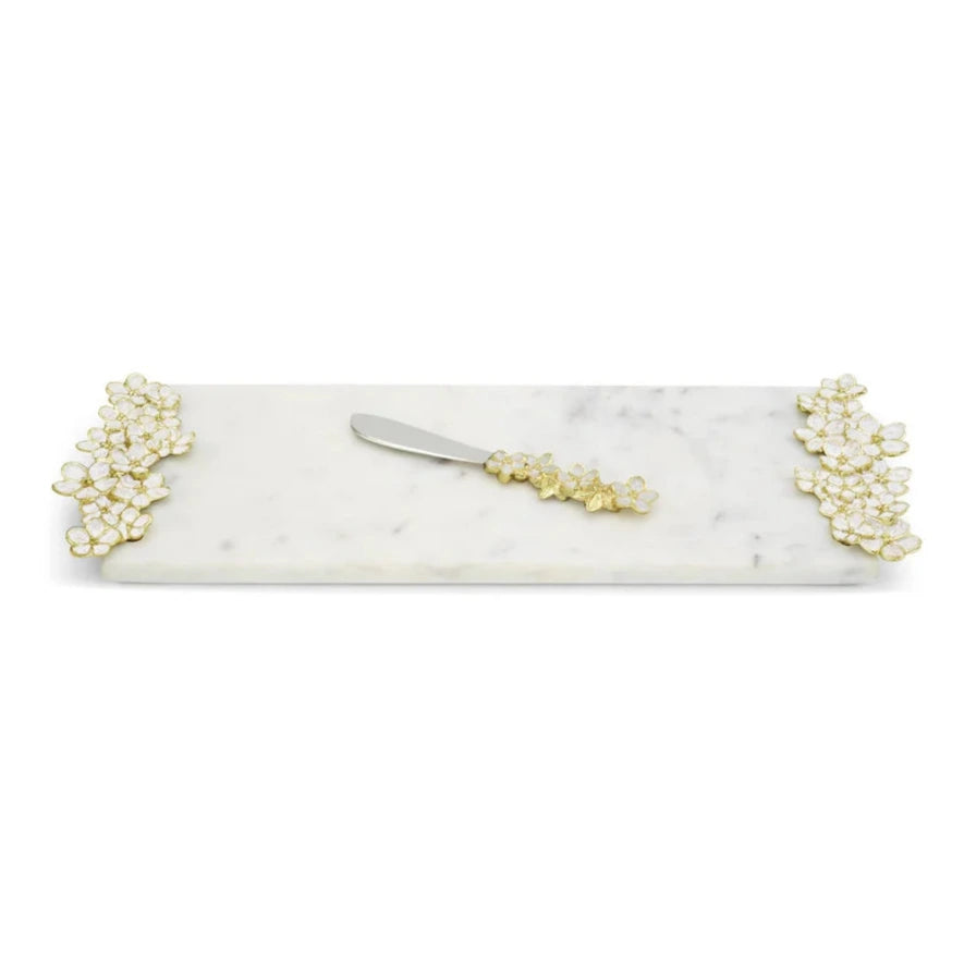 Maison Gabrielle Michael Aram Cherry Blossom Small Cheese Board with Matching Spreader Knife in Gold Floral Design