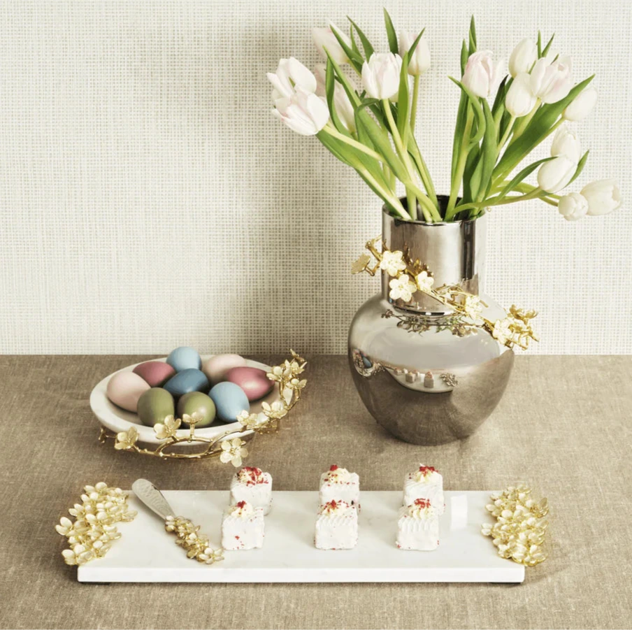 Maison Gabrielle Luxury Table Setting featuring Michael Aram Cherry Blossom Cheese Board and Silver Vase with Tulips