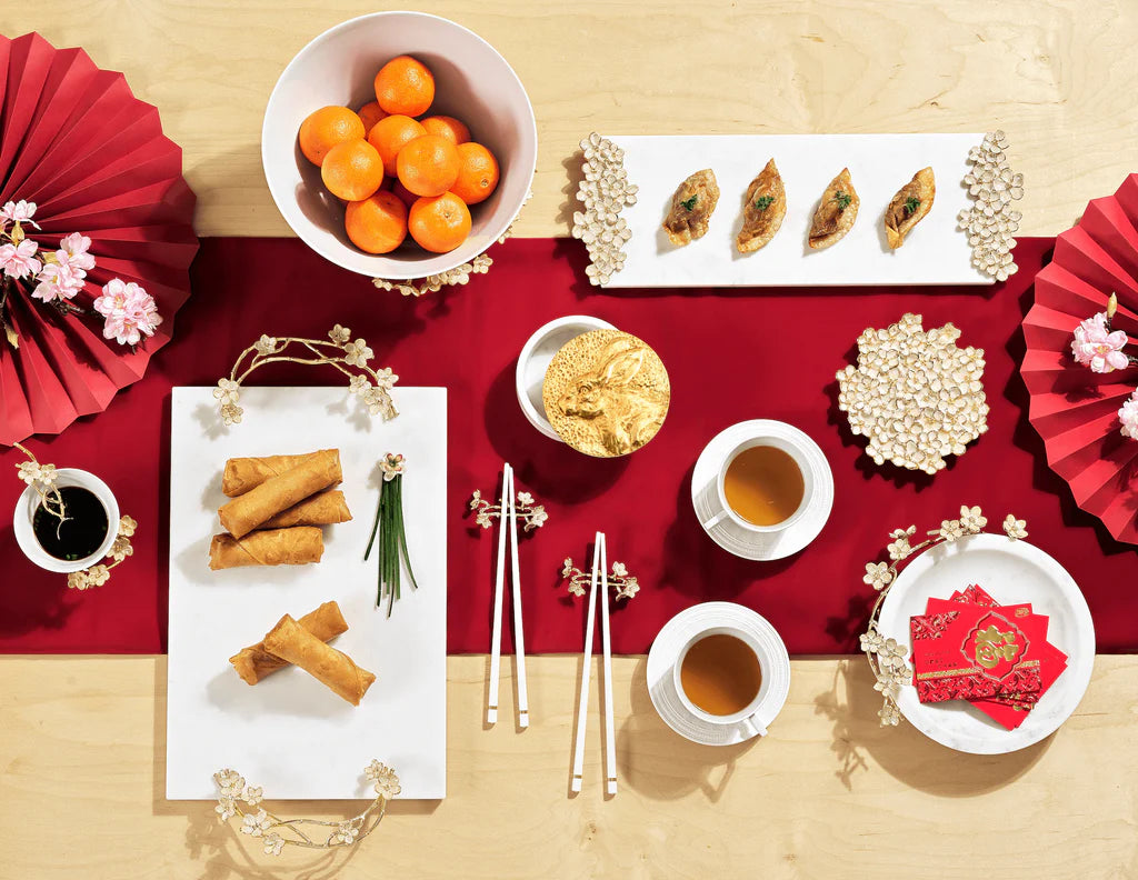 Maison Gabrielle Luxury Lunar New Year Table Decor with Michael Aram Cherry Blossom Platters and Asian Cuisine