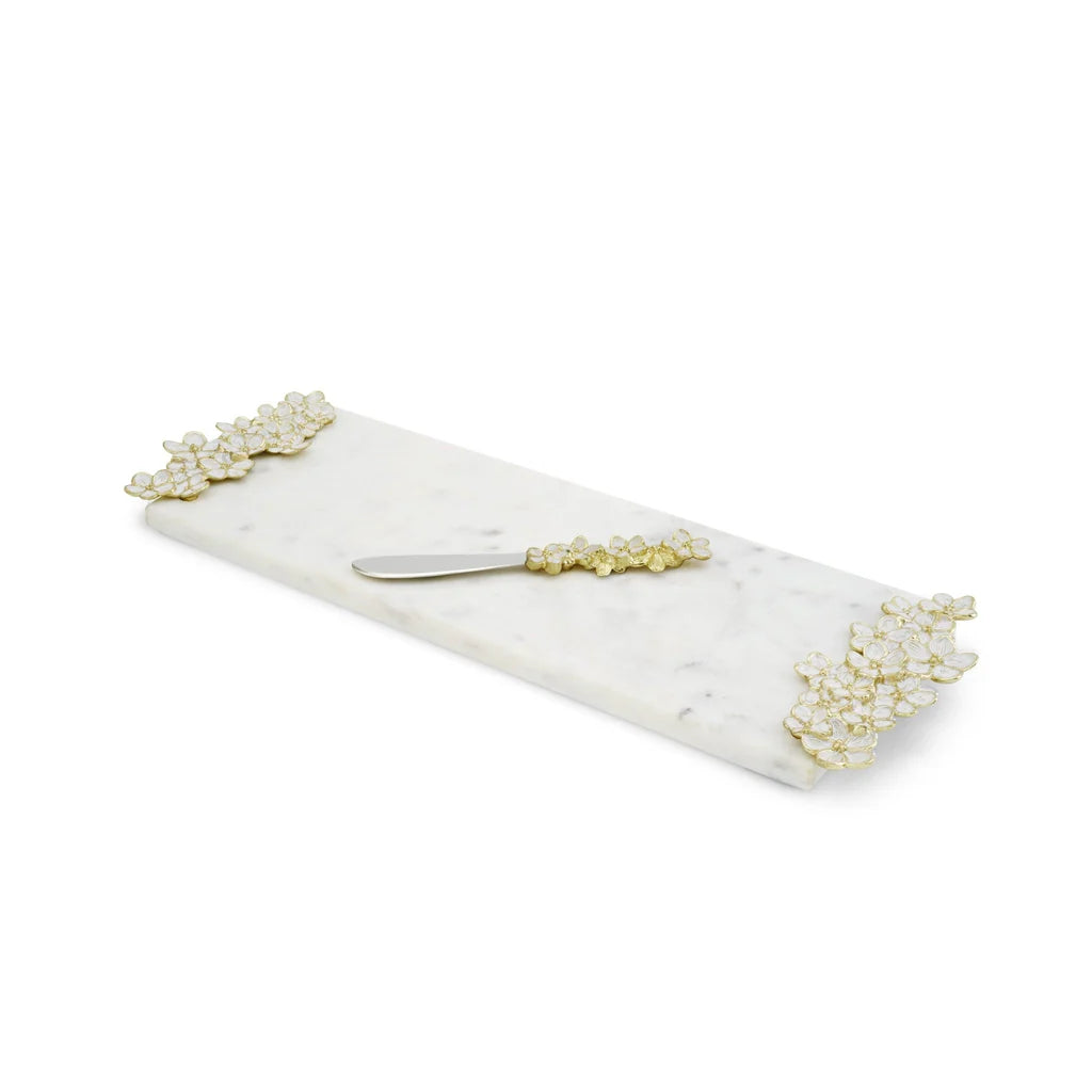 Maison Gabrielle Michael Aram Cherry Blossom White Marble Cheese Board and Knife Set with Gold Floral Details