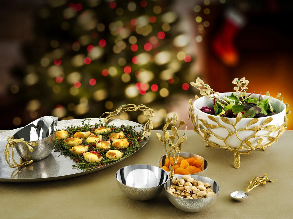 Maison Gabrielle Luxury Holiday Table Decor with Michael Aram Mistletoe Serving Platter Bowls and Spoons Set