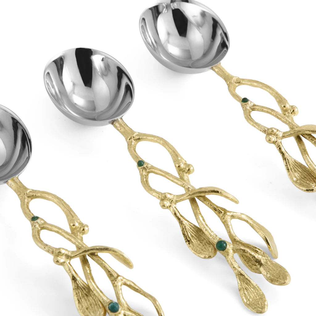 Maison Gabrielle Michael Aram Mistletoe Spoons Closeup Showing Decorative Gold and Silver Festive Details