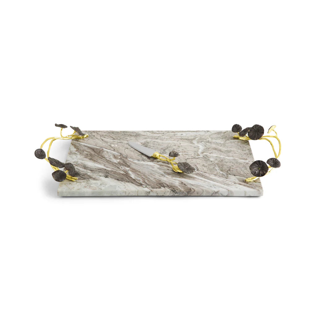 Maison Gabrielle Michael Aram Monet's Garden Golden Sunset Large Marble Cheese Board and Knife Set showing Front Profile with Gold and Bronze Sculptural Lily Pads