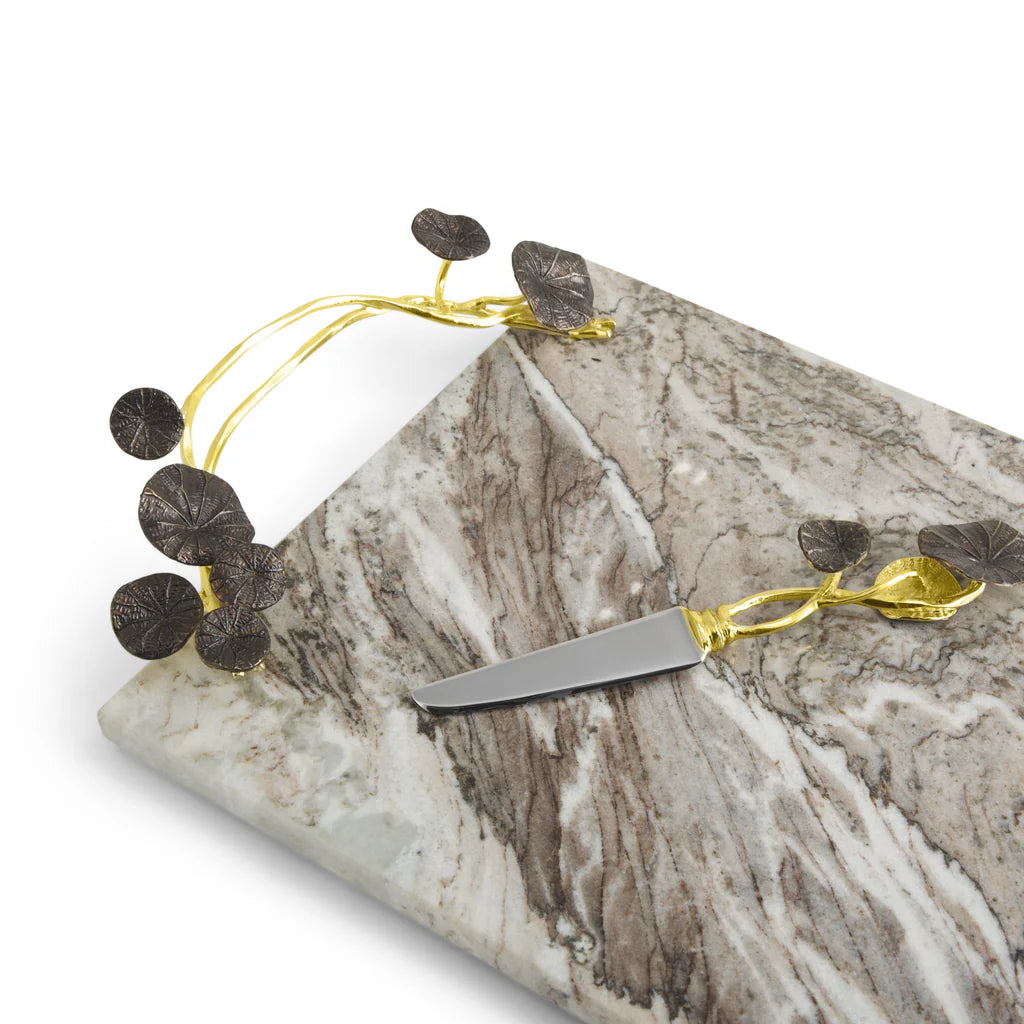 Maison Gabrielle Michael Aram Monet's Garden Golden Sunset Large Marble Cheese Board and Knife Set with Decorative Gold and Bronze Leaf Details