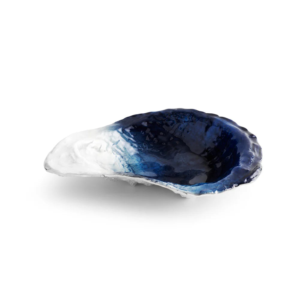 Maison Gabrielle Michael Aram Ocean Reef Oyster Jewel Nut Dish showing Blue Marbled Interior and Silver Textured Edges