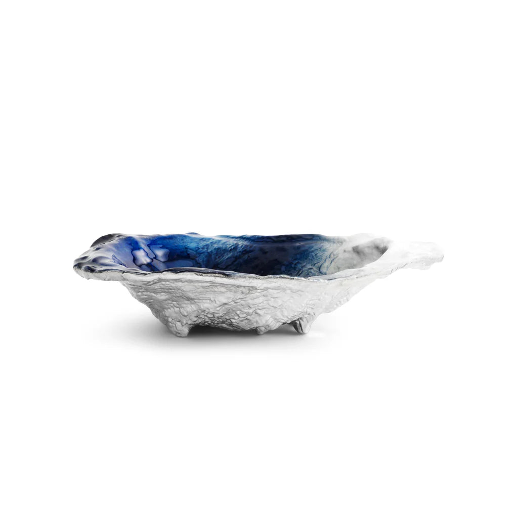 Maison Gabrielle Michael Aram Ocean Reef Oyster Jewel Nut Dish showing Textured Silver Exterior and Blue Enamel Interior Side Profile Detail