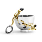 Maison Gabrielle Michael Aram Olive Branch Nut Bowl and Spoon with Gold Olive Leaf and Black Fruit Details