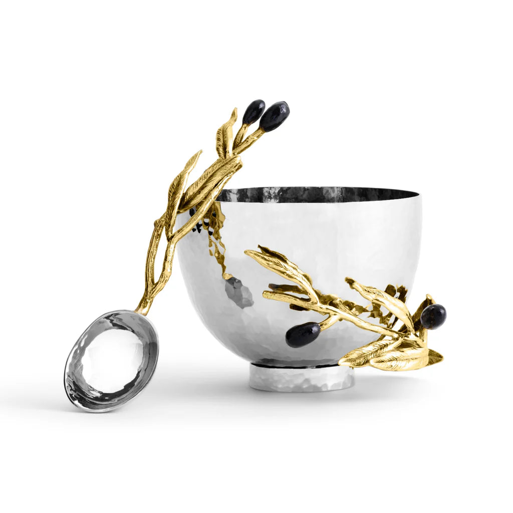 Maison Gabrielle Michael Aram Olive Branch Nut Bowl and Spoon with Gold Olive Leaf and Black Fruit Details