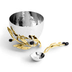 Maison Gabrielle Michael Aram Olive Branch Nut Dish and Spoon Set with Decorative Gold Olive Leaf and Black Fruit Details