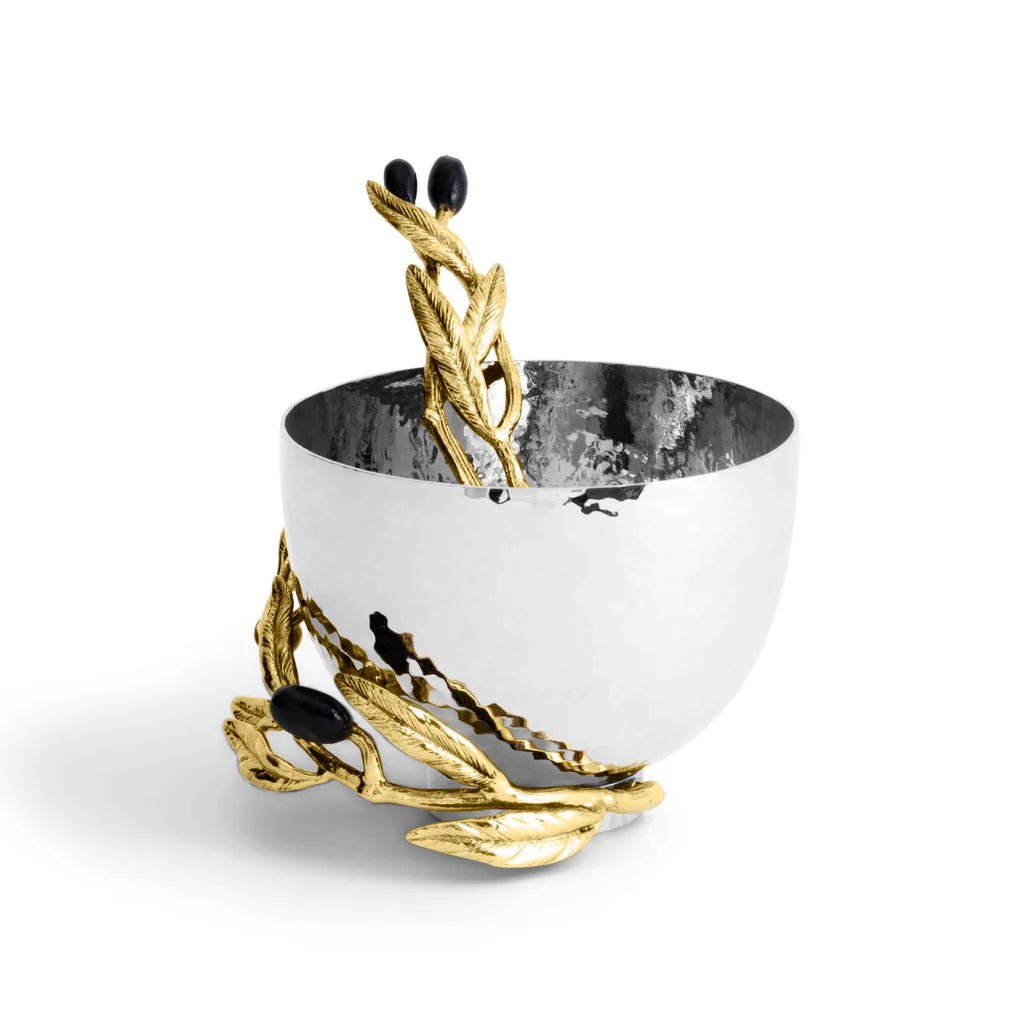 Maison Gabrielle Michael Aram Olive Branch Nut Dish and Spoon with Decorative Gold Leaf and Black Bead Accents