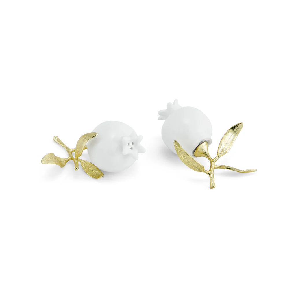 Maison Gabrielle Michael Aram Pomegranate Salt and Pepper Shakers with White Porcelain Fruit and Decorative Gold Leaf Branches
