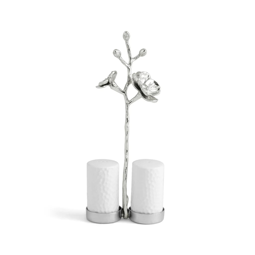 Maison Gabrielle Michael Aram White Orchid Salt and Pepper Shakers with Hammered White Porcelain and Silver Branch Holder