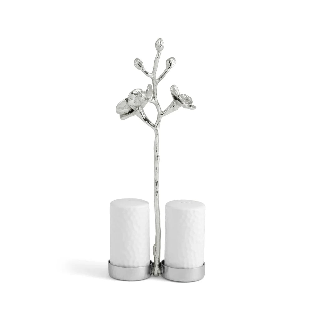 Maison Gabrielle Michael Aram White Orchid Salt and Pepper Shakers with Hammered White Porcelain and Decorative Silver Orchid Branch