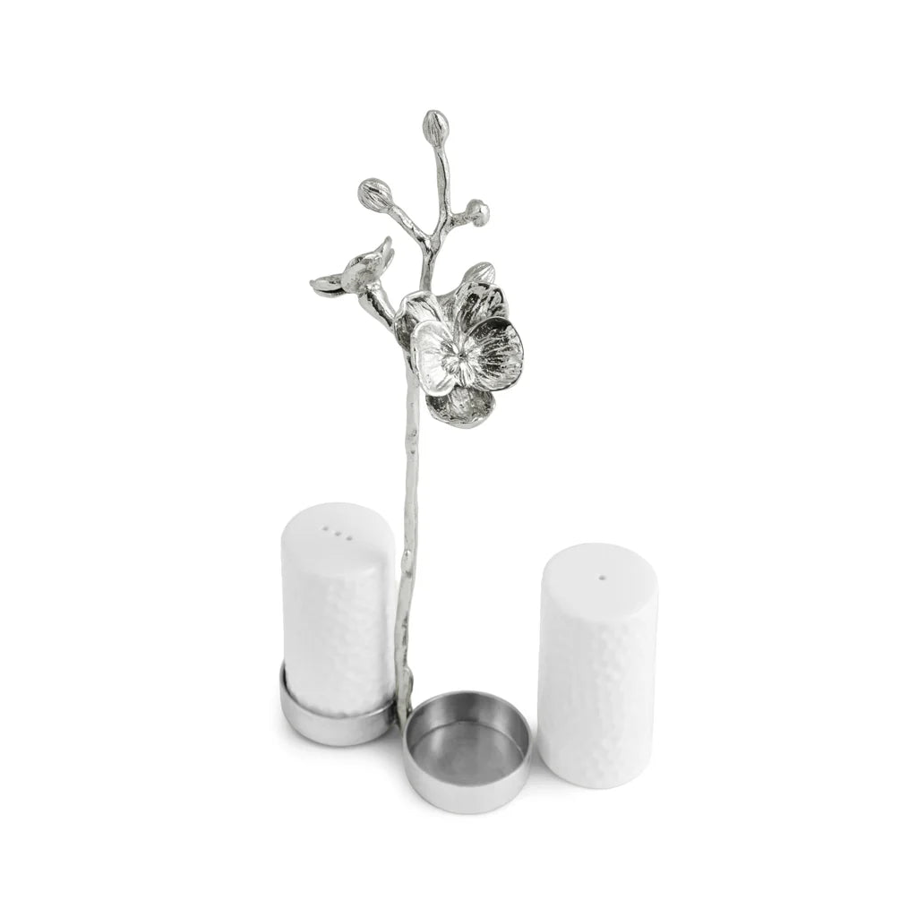 Maison Gabrielle Michael Aram White Orchid Salt and Pepper Shakers with Decorative Silver Orchid Branch and White Porcelain Set