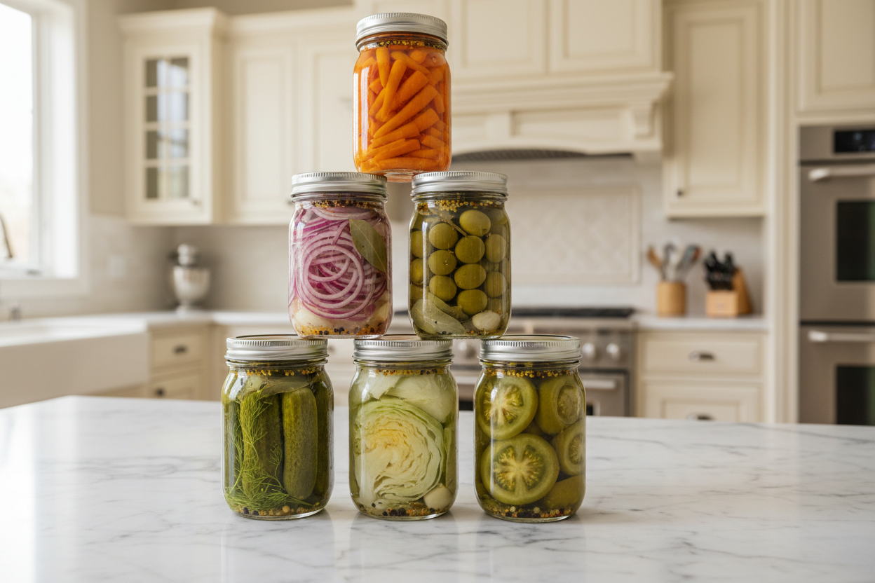 Maison Gabrielle Pickled Vegetable Jars in a Pyramid Stack Featuring Carrots, Onions, Olives, and Cucumbers Seasoned with a Yellow and Black Mustard Seed Blend