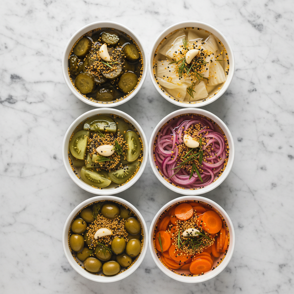 Maison Gabrielle Assorted Bowls of Pickled Vegetables Including Cucumbers, Onions, Olives, and Carrots Seasoned with Yellow and Black Mustard Seed Blend Top View Detail