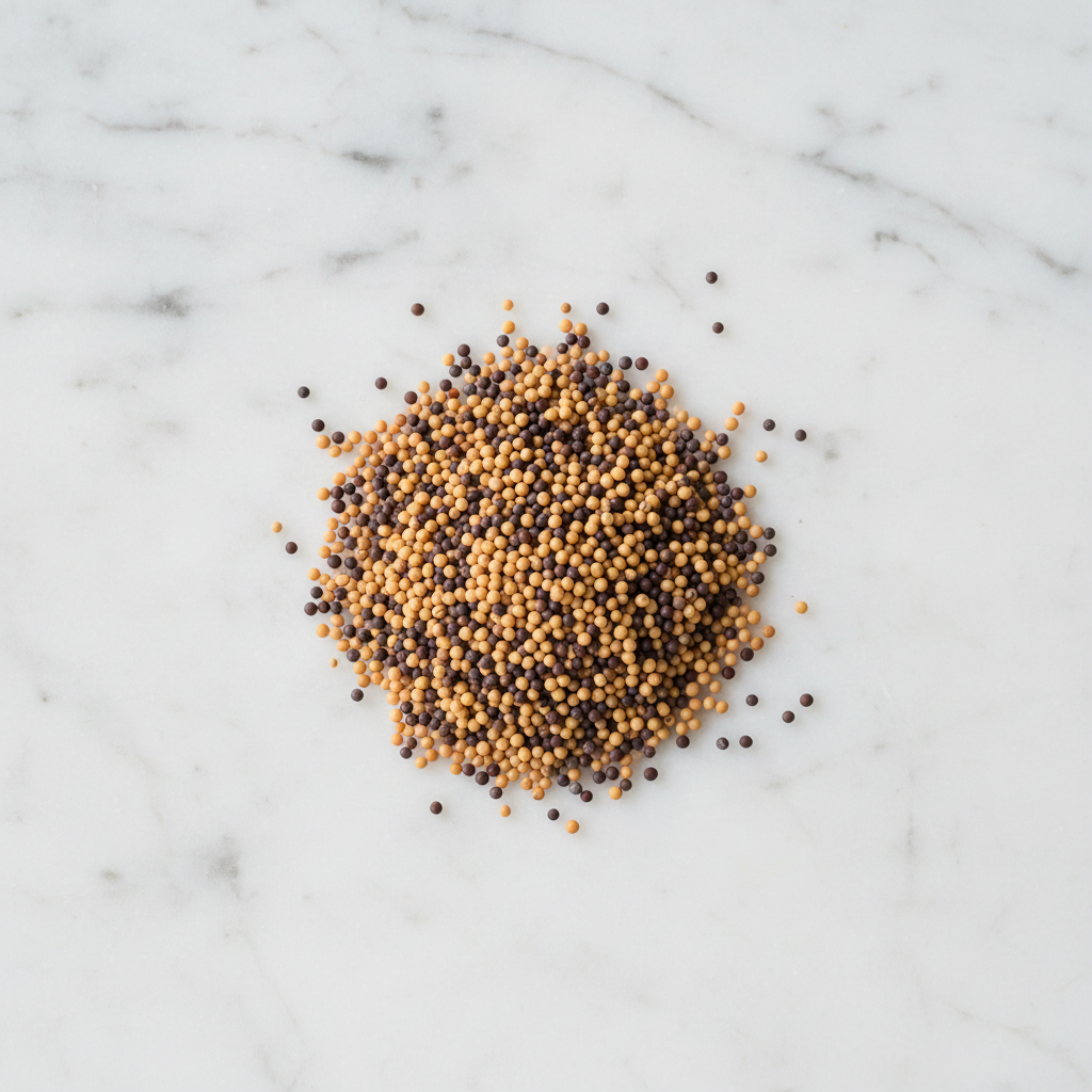 Maison Gabrielle Yellow and Black Mustard Seed Blend Piled on a White Marble Surface for Pickling and Gourmet Recipes
