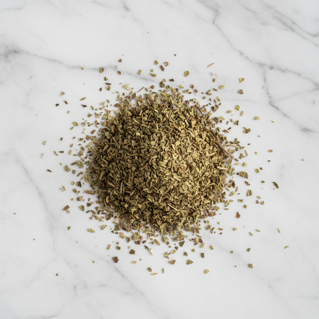 High-Quality Dried Oregano from Maison Gabrielle, Artfully Piled on a White Marble Surface to Showcase Texture and Culinary Freshness