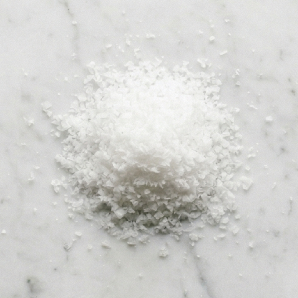 Overhead view of Maison Gabrielle's hand-harvested Fleur de Sel on a white marble surface, showcasing the delicate, crystalline texture and pure white quality of the finishing salt.