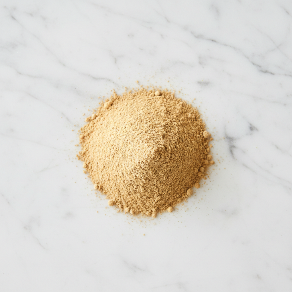 Finely Milled Premium Ginger Powder by Maison Gabrielle, Artfully Piled on a White Marble Surface to Highlight the Golden Hue and Fine Culinary Texture